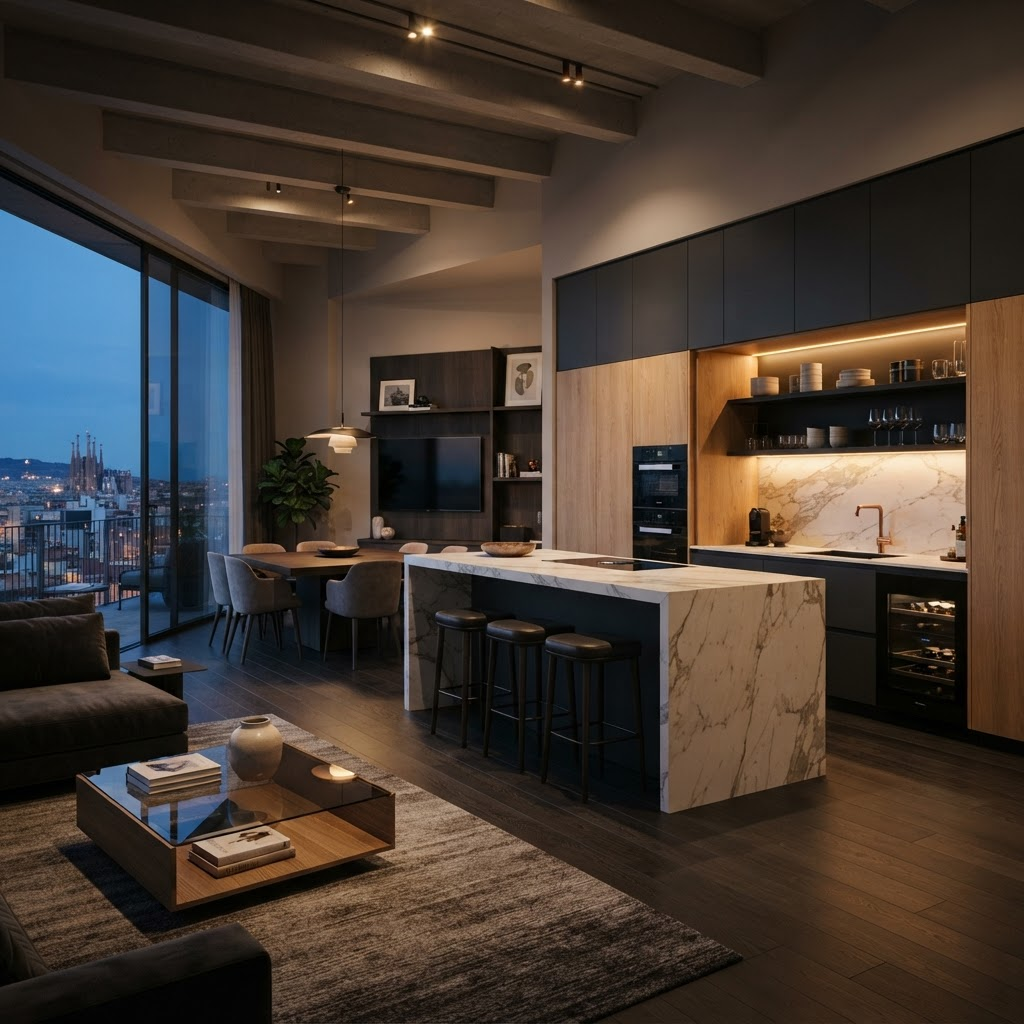 Cocina y salón de diseño recién reformados con iluminación cálida