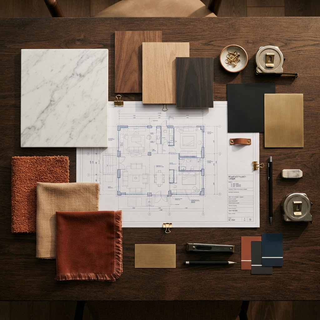Muestras de materiales y planos de un proyecto de interiorismo de Montvel